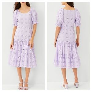 NWT Ann Taylor Eyelet Scoop Neck Midi Dress Puff Sleeve In Soft Violet Size 8